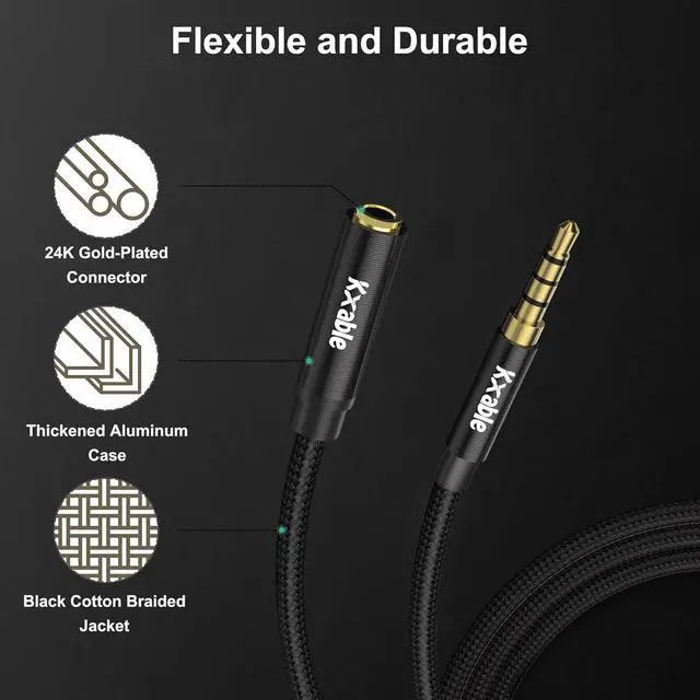 Alt view image 2 of 6 - 3.5mm Headphone Extension Cable 15FT 4 Pole TRRS 1/8 inch Male to Female Stereo Audio Cord Nylon Braided Microphone Compatible for Headphone iPad Smartphone Media Players Tablet- Slim