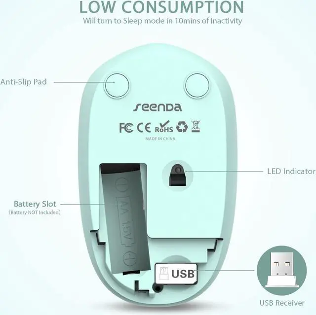 Alt view image 3 of 7 - Wireless Mouse 2.4G Noiseless Mouse with USB Receiver - Portable Computer Mice for PC Tablet Laptop with Windows System - Mint Green