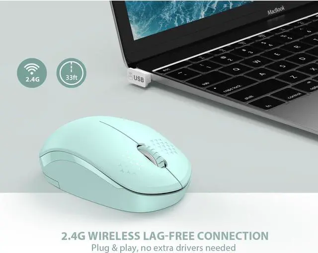 Alt view image 4 of 7 - Wireless Mouse 2.4G Noiseless Mouse with USB Receiver - Portable Computer Mice for PC Tablet Laptop with Windows System - Mint Green