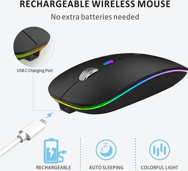 Alt view image 5 of 7 - LED Wireless Mouse, G12 Slim Rechargeable Silent Mouse, 2.4G Portable USB Optical Computer Mice with USB Receiver and Type C Adapter (Matte Black)