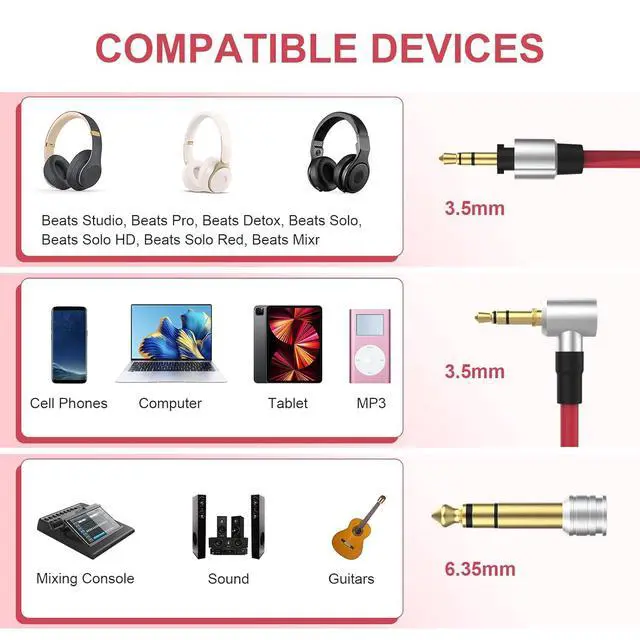 Alt view image 3 of 7 - Replacement 3.5mm to 3.5mm & 6.5mm Aux Auxiliary Audio Cable Headphone Extension Cord Compatible with Monster Beats Solo Pro Detox by Dr Dre Headphones (Red)