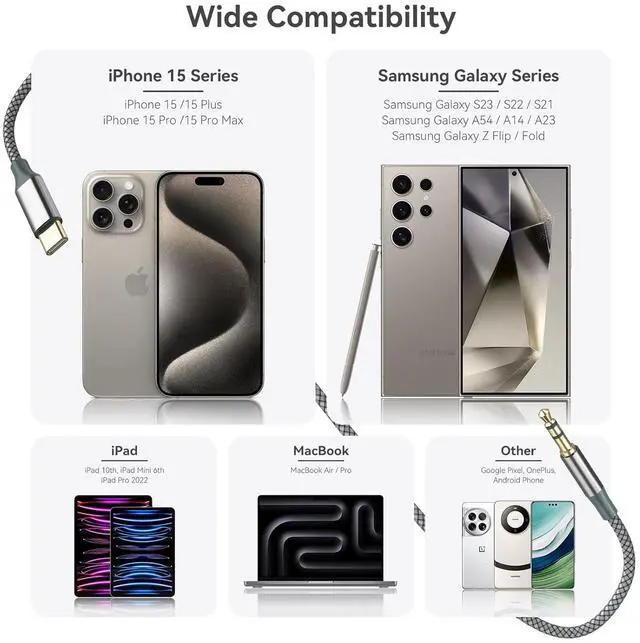 Alt view image 6 of 7 - USB C to 3.5mm Nylon Braided Aux Cable Type C to Male Adapter Stereo Extension Audio Cord for iPhone 16 Pro Max/16 Pro 15 Pro Max/15 Pro/15 Plus Galaxy S23/S22/S21 Ultra Pixel iPad Pro MacBook