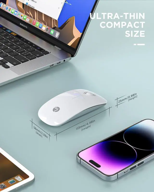 Alt view image 5 of 7 - Bluetooth Wireless Mouse - (BT5.1+USB) Slim Dual Mode Computer Mice with Quiet Click Low Power and 1600 DPI Portable Cordless for MacBook Laptop iPad Pro/Air Chromebook (White)
