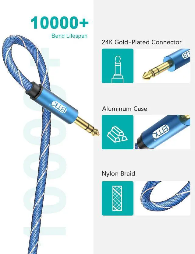 Alt view image 6 of 7 - 1/4 inch Extension Cable 6.35mm 1/4 inch Male to Female Stereo Headphone Guitar Extension Cable Cord Gold Plated Quarter inch Headphone Extension Cable (6.6FT/2M)