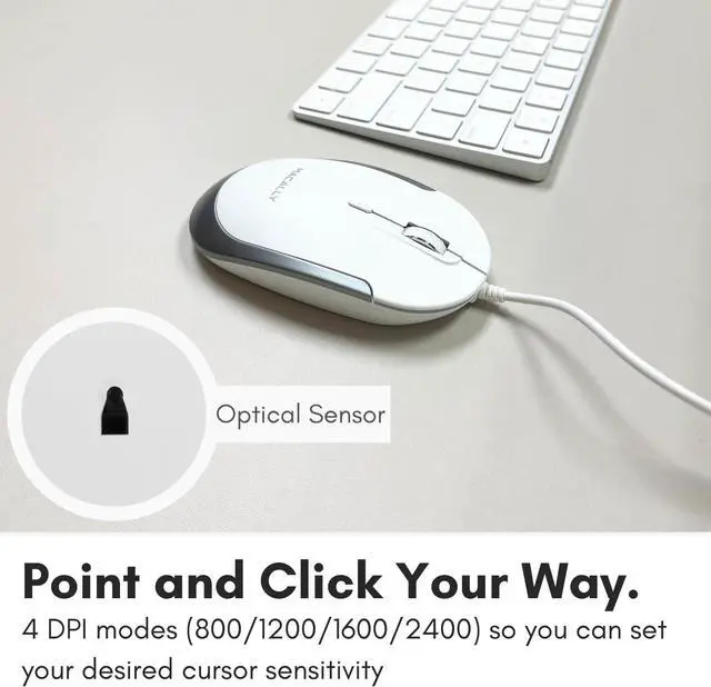 Alt view image 7 of 7 - Macally Silent Wired Mouse - Slim & Compact USB Mouse for Apple Mac or Windows PC Laptop/Desktop - Designed with Optical Sensor & DPI Switch - Simple & Comfortable Wired Computer Mouse (White)