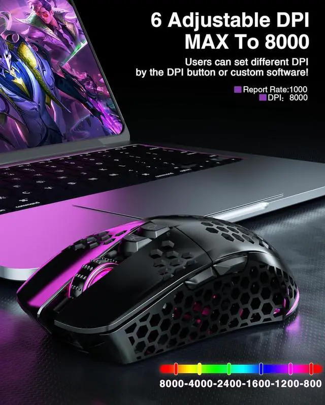 Alt view image 5 of 7 - SM600 Honeycomb Shell Gaming Mouse Wireless,8000 DPI Tri-Modes BT5.1/2.4G Wireless/Type-C Wired Gamer Mouse with 2 Side Buttons, Macro Programmable and RGB Light for PC/Mac/Laptop,Black