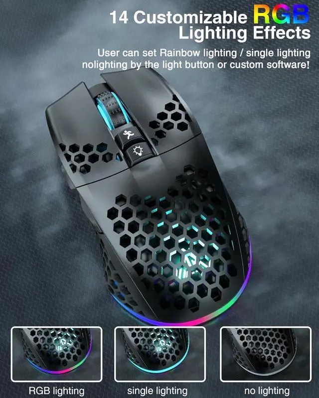 Alt view image 6 of 7 - SM600 Honeycomb Shell Gaming Mouse Wireless,8000 DPI Tri-Modes BT5.1/2.4G Wireless/Type-C Wired Gamer Mouse with 2 Side Buttons, Macro Programmable and RGB Light for PC/Mac/Laptop,Black