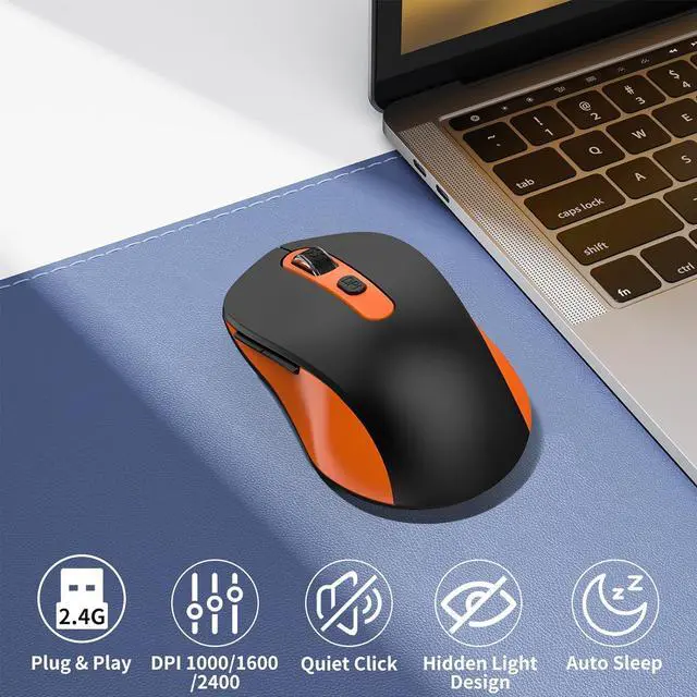 Alt view image 2 of 7 - Wireless Mouse for Laptop, PC, Chromebook, Mac, MacBook, Silent Mouse with USB Nano Receiver, Side Button, 2400 DPI, Anti Slip Roller, 6 Button Ergonomics Cordless Computer Mice - Black Orange