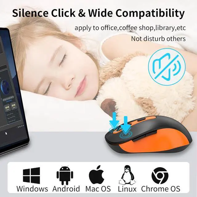 Alt view image 3 of 7 - Wireless Mouse for Laptop, PC, Chromebook, Mac, MacBook, Silent Mouse with USB Nano Receiver, Side Button, 2400 DPI, Anti Slip Roller, 6 Button Ergonomics Cordless Computer Mice - Black Orange