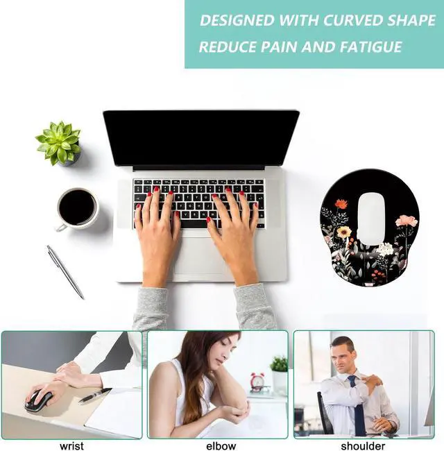 Alt view image 5 of 7 - Mouse Pad with Wrist Support Ergonomic Mouse Pad with Memory Foam Wrist Rest Cushion Non-Slip Rubber Base Gaming Mice Pad for Home Office Computer Laptop Flower Black