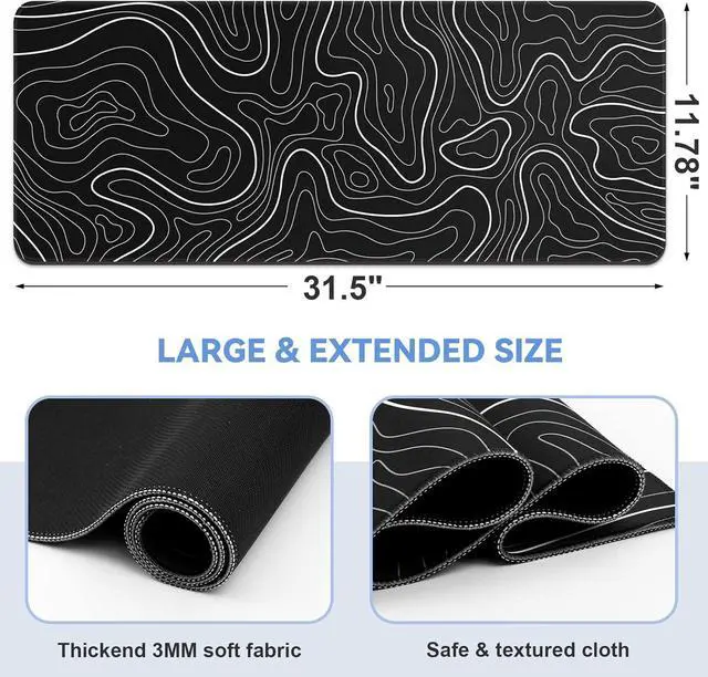 Alt view image 2 of 7 - Large Gaming Mouse Pad - Black and White Mouse Pad with Stitched Edges Extended XL Mousepad with Anti-Slip Rubber Base Ink Liquid Wave Desk Mat for Keyboard and Mouse(31.5x15.8 inch)