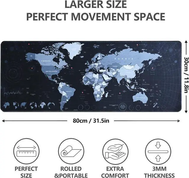 Alt view image 4 of 7 - Gaming Mouse Pad XL XXL With World Map (31.5 x 11.8in) - Desk Mat Large Keyboard Mat 3MM Anti Slip and Waterproof Rubber (Black)