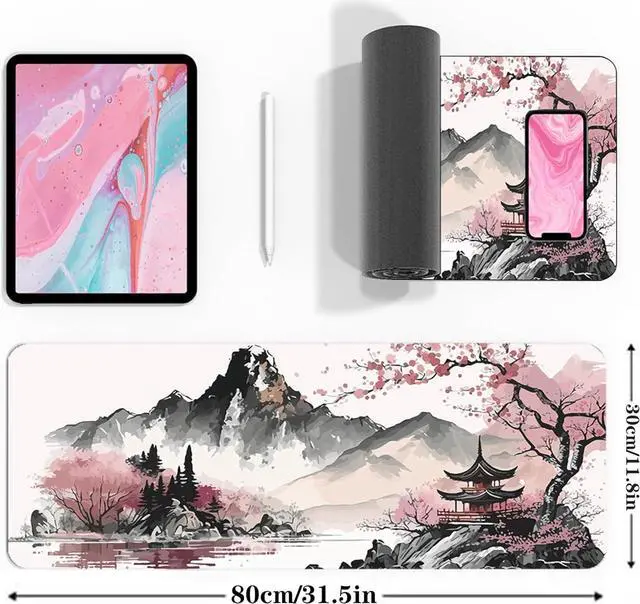 Alt view image 3 of 7 - Watercolor Cherry Blossom Large Gaming Mouse Pad Mouse Pad Gaming 31.5 x 11.8 in Mouse Mat Desk Pad Large Desk Mat Extended Keyboard Mousepad with Non-Slip Base and Stitched Edge for Desk Home Office
