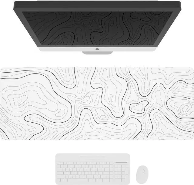 Alt view image 2 of 7 - Large Gaming Mouse Pad with Stitched Edges Minimalist Topographic Map Desk Mat Extended XL Mousepad with Anti-Slip Base Cool Desk Pad for Keyboard and Mouse 31.5 x 11.8 in White