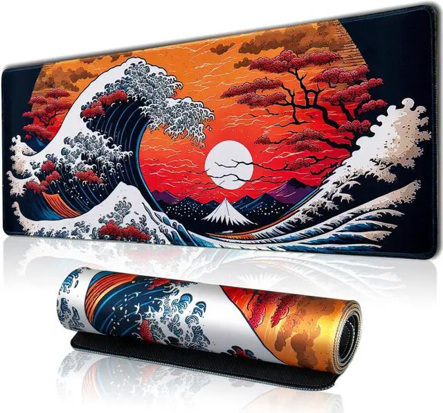 Main image of Japanese Sea Waves Large Gaming Mouse Pad for Desk Desk Mat with Seamed Edges Waterproof Desk Pad Non-Slip Rubber Base 31.5x11.8 Inch Keyboard Pad Computer Mat Big XL Mousepad