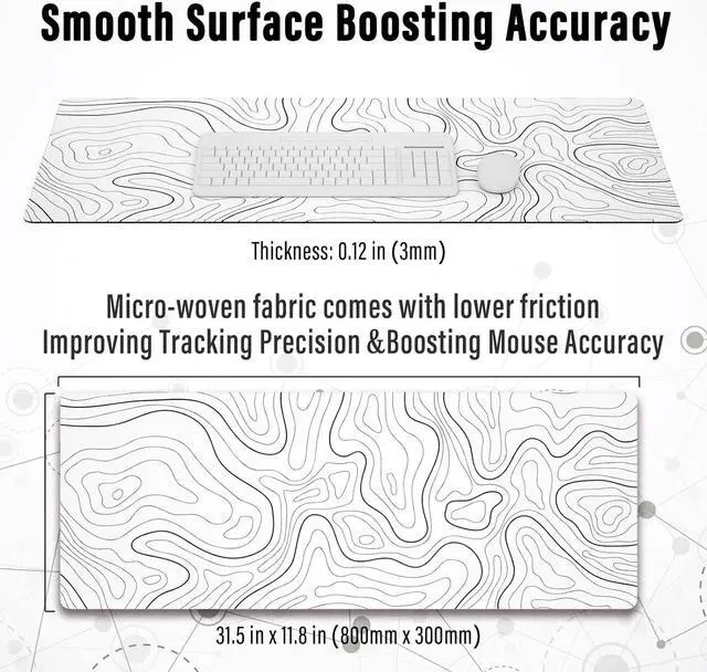 Alt view image 3 of 7 - Large Gaming Mouse Pad with Stitched Edges Minimalist Topographic Map Desk Mat Extended XL Mousepad with Anti-Slip Base Cool Desk Pad for Keyboard and Mouse 31.5 x 11.8 in White