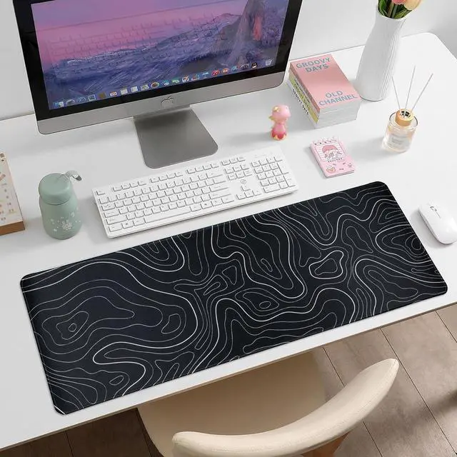 Alt view image 2 of 6 - Gaming Mouse Pad Large 31.5 x 11.8in Topographic Keyboard Mousepad for Non-Slip Base and Stitched Edge Extended Desk Pad XL Desk Mat (Black)
