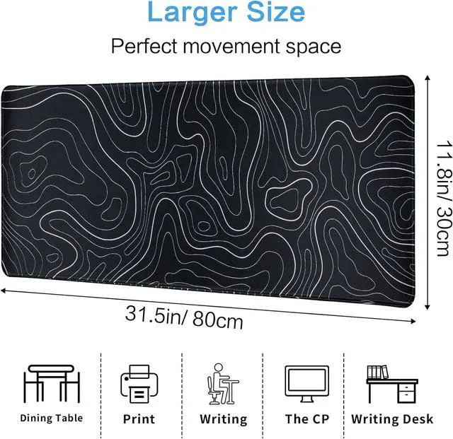 Alt view image 6 of 6 - Gaming Mouse Pad Large 31.5 x 11.8in Topographic Keyboard Mousepad for Non-Slip Base and Stitched Edge Extended Desk Pad XL Desk Mat (Black)