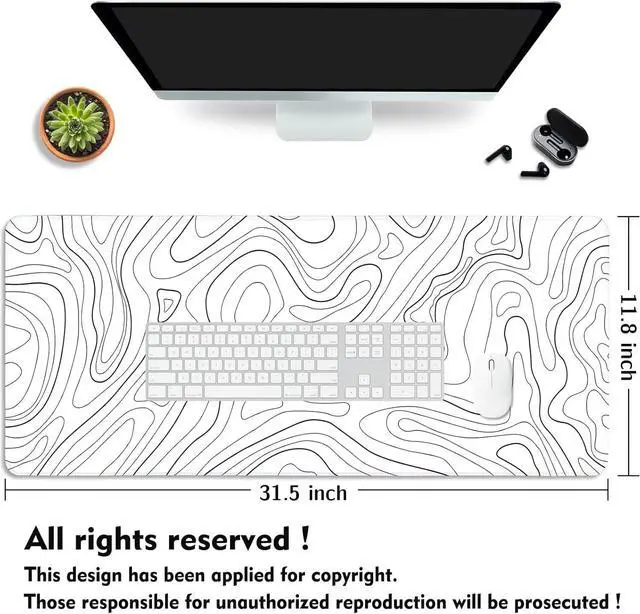 Alt view image 2 of 7 - White Mouse Pad Topographic Mouse Pad Large Gaming Mouse Pad XL Mousepad Keyboard and Mouse Pad Desk Mat 31.5 x 11.8 in Minimalist Contour for Office