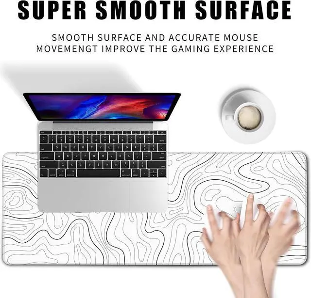 Alt view image 2 of 7 - Topographic Map Large Gaming Mouse Pad with Stitched Edges Extended Minimalist Contour Mouse Mat Desk Pad3mm Thick Long Non-Slip Rubber Base Mice Pad 31.5 x 11.8 in White