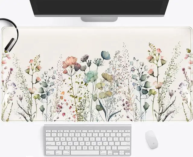 Main image of Floral Desk Mat Beige Boho Desk Pad Large Extend Mouse Pad XXL Cute Minimalist Flowers Keyboard Mat Esthetics Desktop Mat Laptop Wireless Mouse Mat for Desk Gift for Women 31.5x15.75