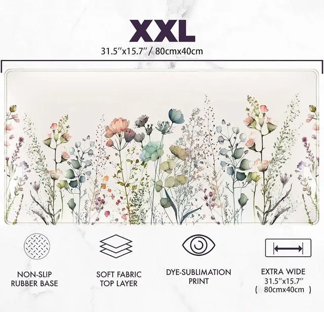 Alt view image 3 of 7 - Floral Desk Mat Beige Boho Desk Pad Large Extend Mouse Pad XXL Cute Minimalist Flowers Keyboard Mat Esthetics Desktop Mat Laptop Wireless Mouse Mat for Desk Gift for Women 31.5x15.75
