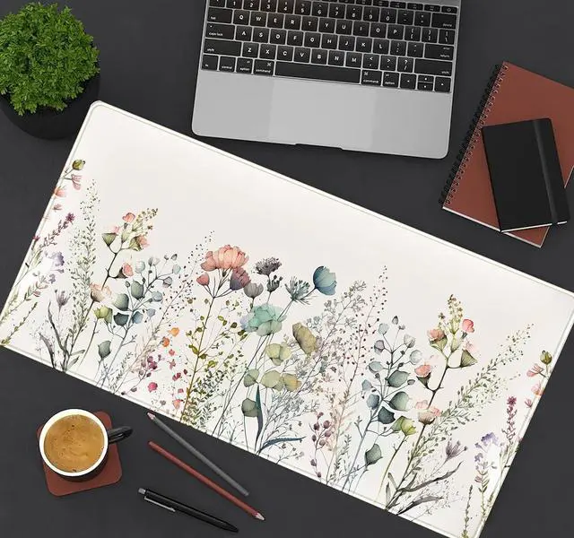 Alt view image 4 of 7 - Floral Desk Mat Beige Boho Desk Pad Large Extend Mouse Pad XXL Cute Minimalist Flowers Keyboard Mat Esthetics Desktop Mat Laptop Wireless Mouse Mat for Desk Gift for Women 31.5x15.75