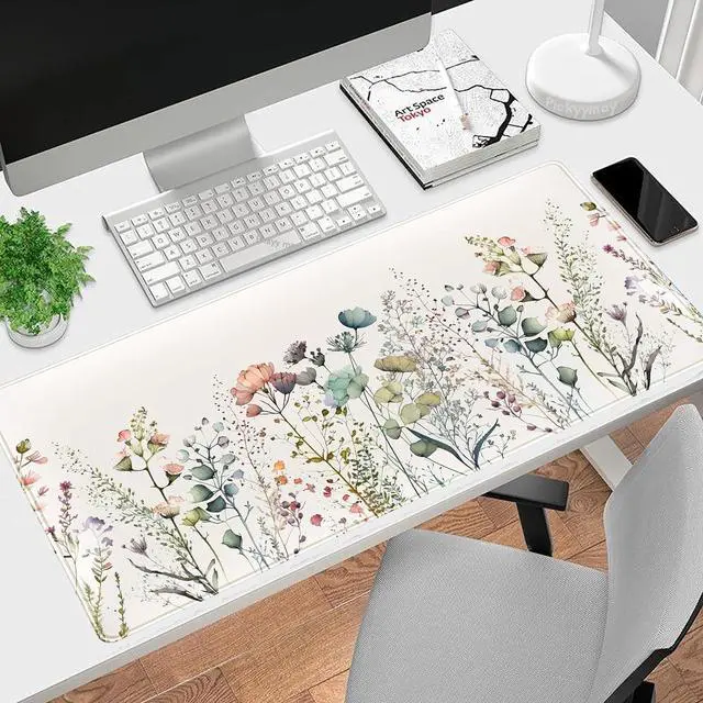 Alt view image 2 of 7 - Floral Desk Mat Beige Boho Desk Pad Large Extend Mouse Pad XXL Cute Minimalist Flowers Keyboard Mat Esthetics Desktop Mat Laptop Wireless Mouse Mat for Desk Gift for Women 31.5x15.75
