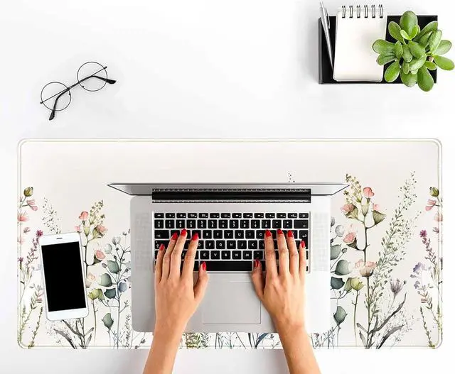 Alt view image 5 of 7 - Floral Desk Mat Beige Boho Desk Pad Large Extend Mouse Pad XXL Cute Minimalist Flowers Keyboard Mat Esthetics Desktop Mat Laptop Wireless Mouse Mat for Desk Gift for Women 31.5x15.75