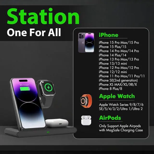Alt view image 4 of 7 - Wireless Charger iPhone Charging Station: 3 in 1 Charger Stand Multiple Devices for Apple - iPhone 15 14 Pro Max 13 12 11 - Watch 9 8 7 6 5 4 3 2 Se - Airpods 3 2 Pro
