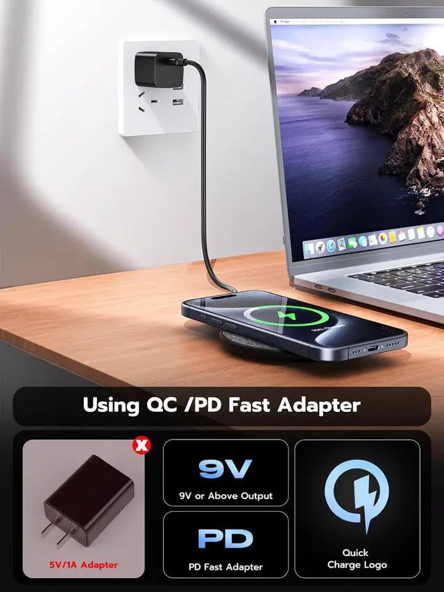 Alt view image 7 of 7 - NewQ Wireless Charger 15W Max Wireless Charging Pad for iPhone 15 14 13 12 11 X 8 Mini/SE/Pro/Max/Plus  Galaxy S23/S22/S21/S20/S10/S9/S8/S7/Note20/10/9/8 Air Pods/Pro/Galaxy Buds/+ 1 Pack