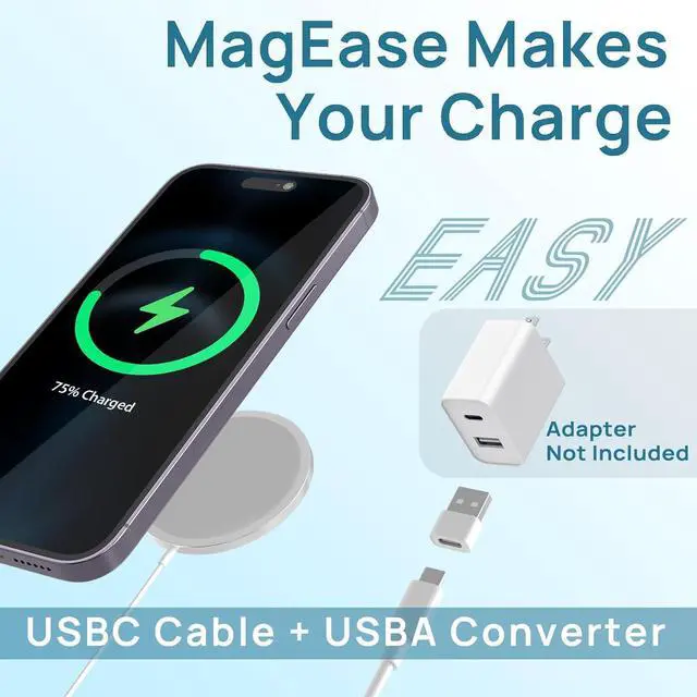 Alt view image 2 of 7 - Magnetic Wireless Charger MagEase 15W Wireless Charger Magnetic Compatible with iPhone 16 15 14 13 12 Series and AirPods 3/2/Pro Charging Pad with USB-C Cable and USB-A Converter (White)