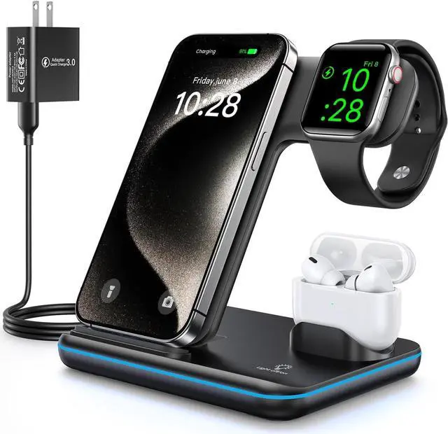 Main image of WAITIEE Wireless Charger 3 in 1, 15W Fast Charging Station for Apple Watch 9/8/Ultra 2/Ultra/SE/7/6/5/4/3/2, for  3/2/1/Pro/Pro 2, for iPhone 15/14/13 /Plus/Pro/Pro Max/12/11/X/Xr/XS/8 (Black)