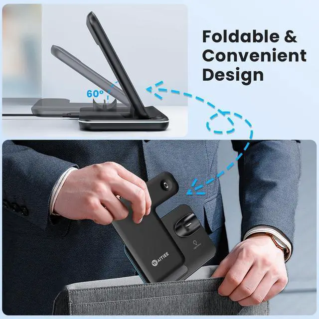 Alt view image 4 of 7 - WAITIEE Wireless Charger 3 in 1, 15W Fast Charging Station for Apple Watch 9/8/Ultra 2/Ultra/SE/7/6/5/4/3/2, for  3/2/1/Pro/Pro 2, for iPhone 15/14/13 /Plus/Pro/Pro Max/12/11/X/Xr/XS/8 (Black)