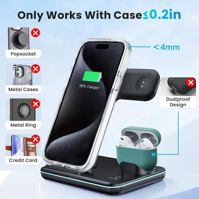 Alt view image 7 of 7 - WAITIEE Wireless Charger 3 in 1, 15W Fast Charging Station for Apple Watch 9/8/Ultra 2/Ultra/SE/7/6/5/4/3/2, for  3/2/1/Pro/Pro 2, for iPhone 15/14/13 /Plus/Pro/Pro Max/12/11/X/Xr/XS/8 (Black)