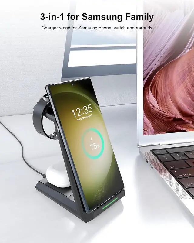 Alt view image 2 of 7 - Wireless Charger for  3 in 1 Charging Station for Multi Devices Fast Charger Stand Dock for Galaxy S25 S24 S23 S22 S21 Galaxy Watch 7/6/5/4/3/Pro Galaxy Buds(with 5ft Cable & Adapter)