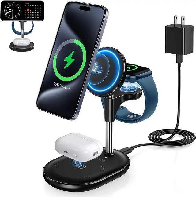 Main image of 3 in 1 Wireless Charging Station for Apple MagSafe Charger, 15W Fast Magnetic Mag-Safe Charger Stand for iPhone 15 14 13 12 Series Apple Watch AirPods Multiple Devices,Adjustable Angle, Gifts for Men
