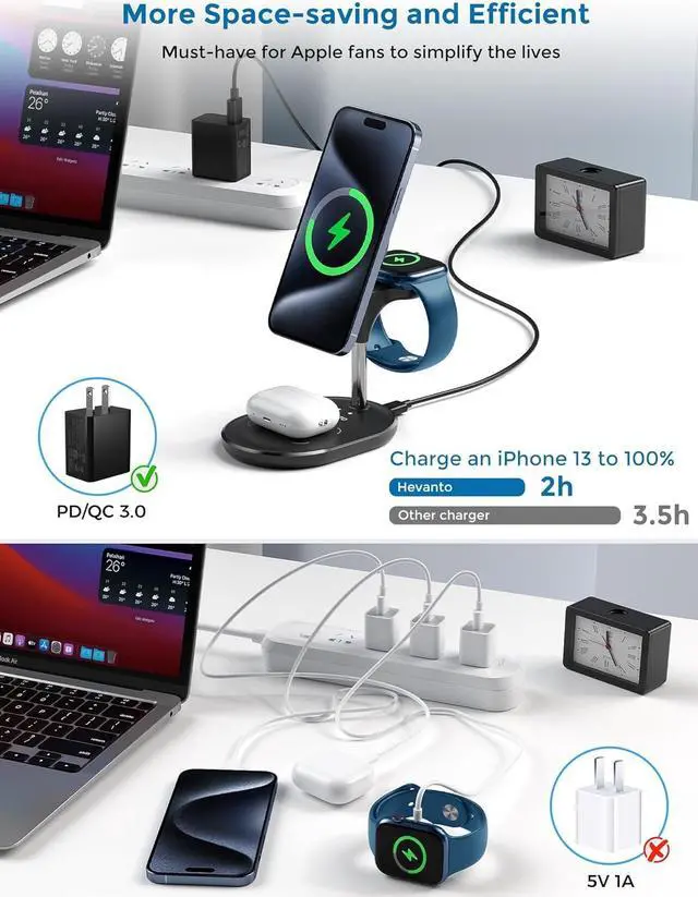 Alt view image 2 of 7 - 3 in 1 Wireless Charging Station for Apple MagSafe Charger, 15W Fast Magnetic Mag-Safe Charger Stand for iPhone 15 14 13 12 Series Apple Watch AirPods Multiple Devices,Adjustable Angle, Gifts for Men