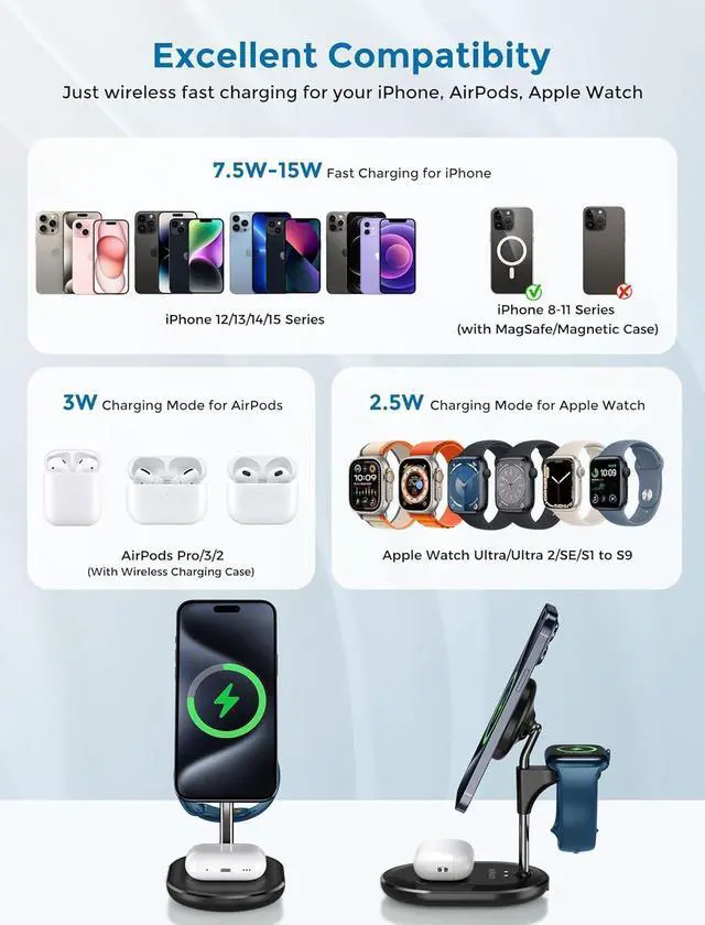 Alt view image 3 of 7 - 3 in 1 Wireless Charging Station for Apple MagSafe Charger, 15W Fast Magnetic Mag-Safe Charger Stand for iPhone 15 14 13 12 Series Apple Watch AirPods Multiple Devices,Adjustable Angle, Gifts for Men