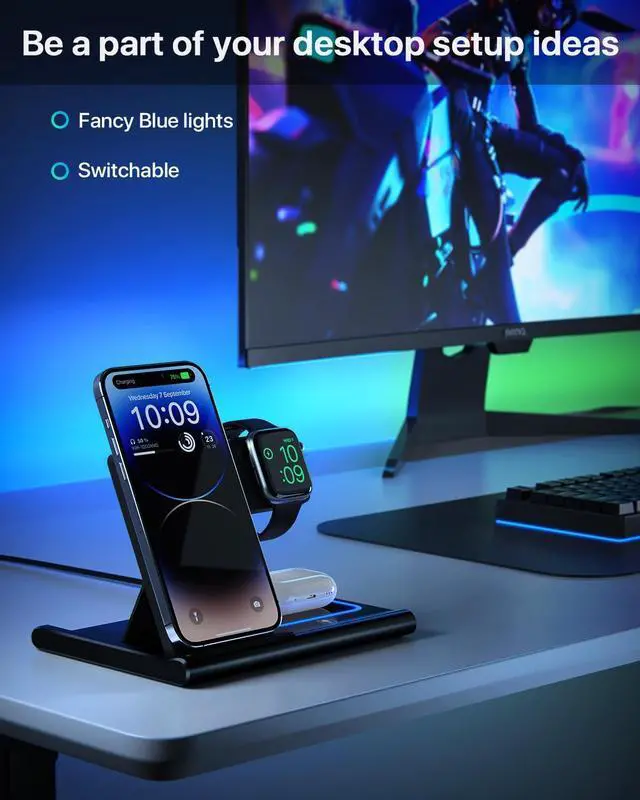 Alt view image 4 of 7 - Wireless Charging Station, 3 in 1 Charging Station for Apple Devices, Wireless Charger for iPhone 15 14 13 12 11 Pro & Max Series, AirPods Pro/3/2, Apple Watch - Black [UL-Listed]