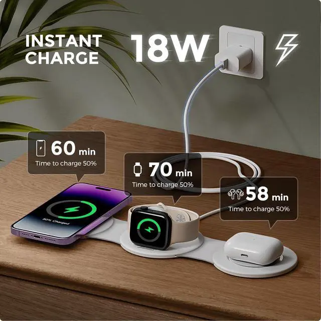 Alt view image 3 of 6 - 3 in 1 Wireless Charging Station for iPhone 15 Magnetic Foldable Travel Charger Station Stand 18W for iPhone 16 15 14 13 12 Pro/Max/Plus/ Watch All Series & Airpods
