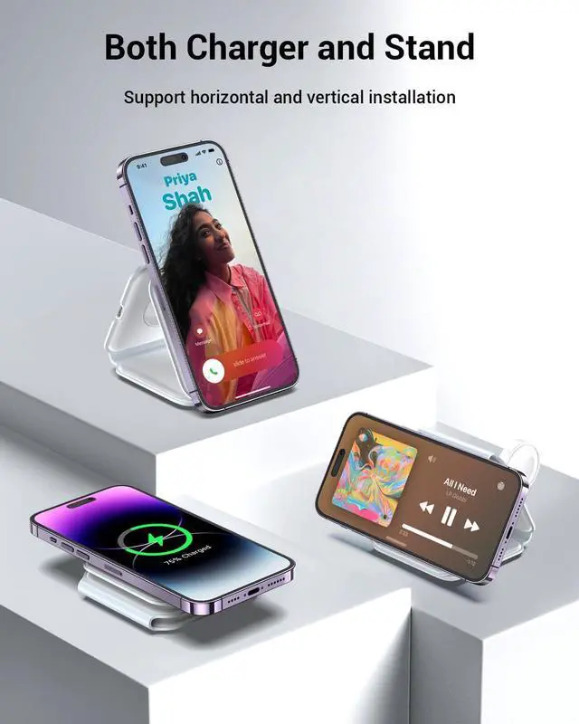 Alt view image 3 of 7 - Wireless Charger, Magnetic Foldable 3 in 1 Mag-Safe Charger, Fast Travel Wireless Charging Station for iPhone 16/15/14/13/12/ Series,for iWatch,for AirPods (Adapter Included)