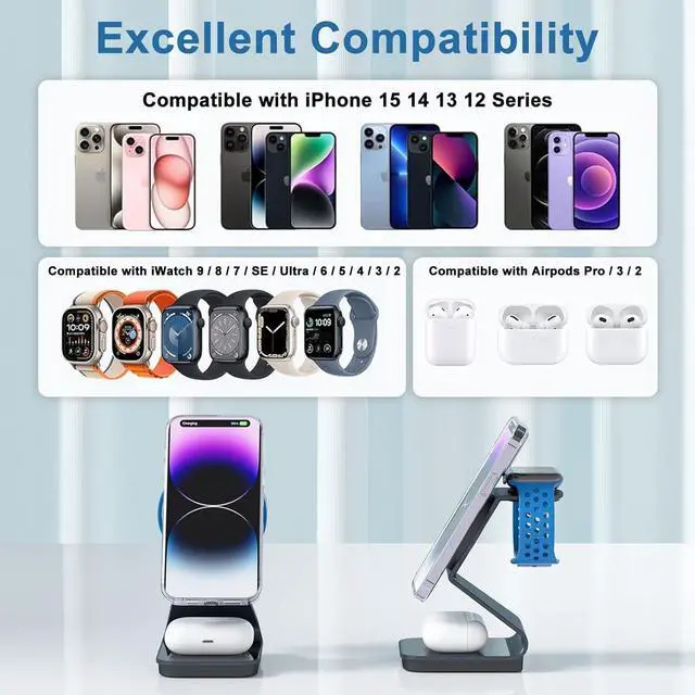Alt view image 4 of 6 - 3 in 1 Wireless Charger Stand Aluminum Alloy Mag - Safe Wireless Charging Station Compatible with iPhone 15/14/13/12 Series iWatch  Multiple Devices(Cable and Adapter Included)