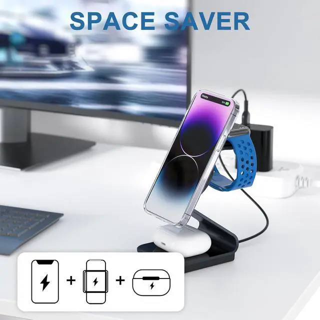 Alt view image 6 of 6 - 3 in 1 Wireless Charger Stand Aluminum Alloy Mag - Safe Wireless Charging Station Compatible with iPhone 15/14/13/12 Series iWatch  Multiple Devices(Cable and Adapter Included)