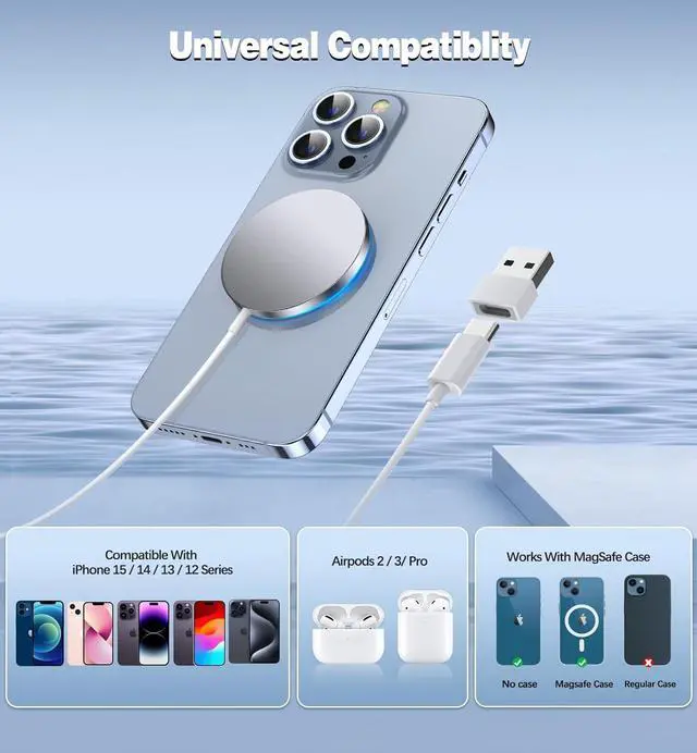 Alt view image 2 of 6 - Magnetic Wireless Charger 15W Fast Charging Apple MagSafe Charger for iPhone 15/14/13/12 Pro/Max/Plus/Mini and  3/2/Pro 2/Pro Portable Magnet Charger Pad with Dual Charging Ports