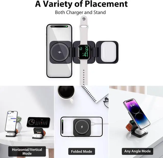 Alt view image 3 of 7 - X55 Fast Wireless Charger, Magnetic Foldable 3 in 1 Charging Station for iPhone 15/14/13/12/Pro/Plus/Pro Max, 5W Portable Charger for Apple Watch9/8/7/6/5/4/3/2/SE, for Airpods3/2/Pro-Black