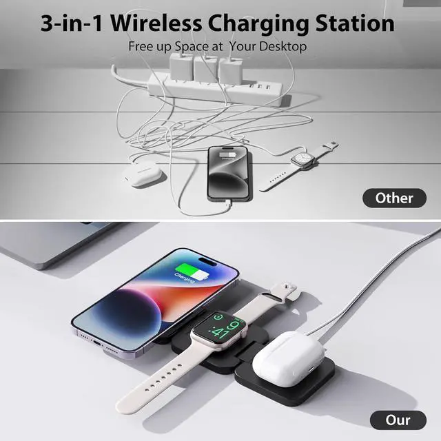 Alt view image 5 of 7 - X55 Fast Wireless Charger, Magnetic Foldable 3 in 1 Charging Station for iPhone 15/14/13/12/Pro/Plus/Pro Max, 5W Portable Charger for Apple Watch9/8/7/6/5/4/3/2/SE, for Airpods3/2/Pro-Black
