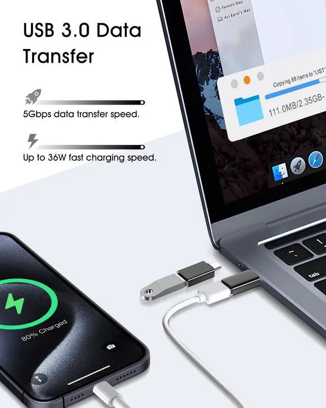 Alt view image 3 of 7 - USB C to USB Adapter 4 Pack [Side-by-Side Use] USB Type C Male to USB 3.0 Female OTG Converter Thunderbolt 4/3 to USB Adapter for iPhone 15 Pro Max Plus MacBook Pro Air  Galaxy iPad Black