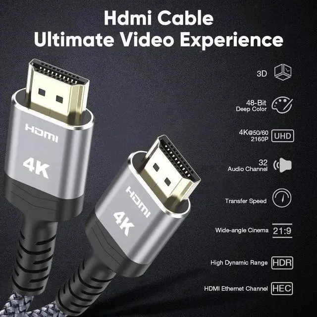 Alt view image 5 of 7 - Highwings 4K HDMI Cable 20FT, 4K HDR High Speed 18Gbps Braided Nylon HDMI to HDMI Cord, HDCP 2.2,ARC,Video 4K UHD 2160p,HD 1080p,3D-for Laptop,Game Monitor,PS3,PS4,Blu-ray,Netflix Projector ect