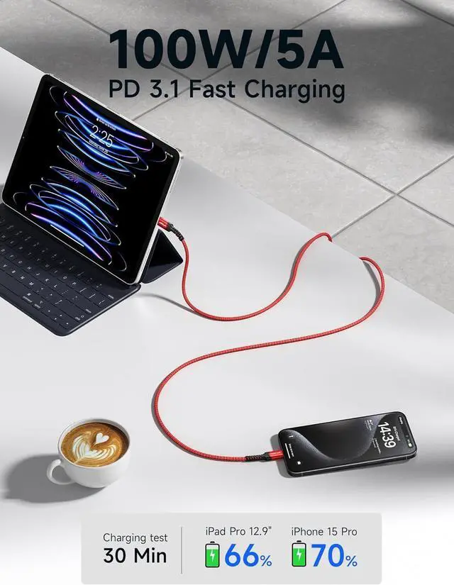 Alt view image 2 of 7 - JSAUX 100W USB C to USB C Cable (2-Pack, 3.3ft), USBC Type C Charge Cord 5A Fast Charging Compatible with Nintendo Switch 2 iPhone 16 Pro Max Samsung Galaxy S25 S24 MacBook iPad Air Pro Carplay -Red